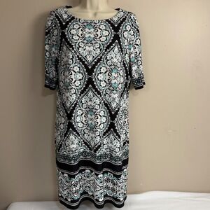 Studio‎ One New York Black Teal Medallion Print Shift Dress Petite Small PS